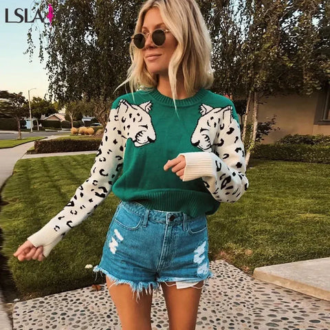 Green Double Leopard Knit Sweater