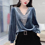 Shiny Velvet V-Neck Blouse