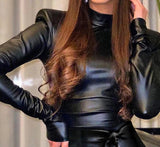 Leather-like Long Sleeves Turtleneck