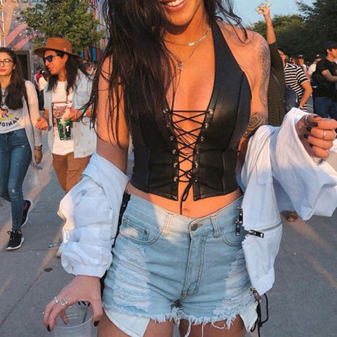 Sexy Hollow Out Leather-like Crop Top