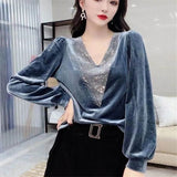 Shiny Velvet V-Neck Blouse