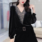 Shiny Velvet V-Neck Blouse