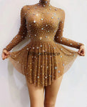 Long Sleeve Mesh Rhinestones Bodysuit