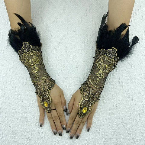 Natural Feather Gold Lace Gloves