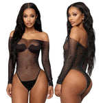 Rhinestones Fishnet Long Sleeves Bodysuit