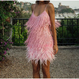 Sequins Tassel Feather Spaghetti Dress