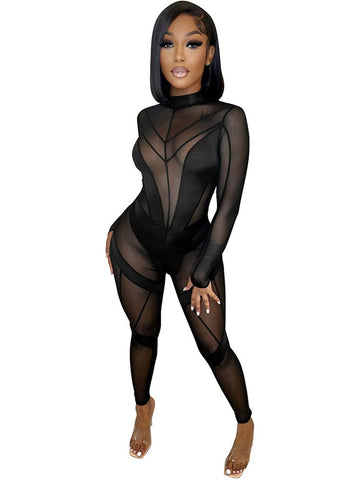 Patchwork Mesh Sheer Bodycon Jumpsuit