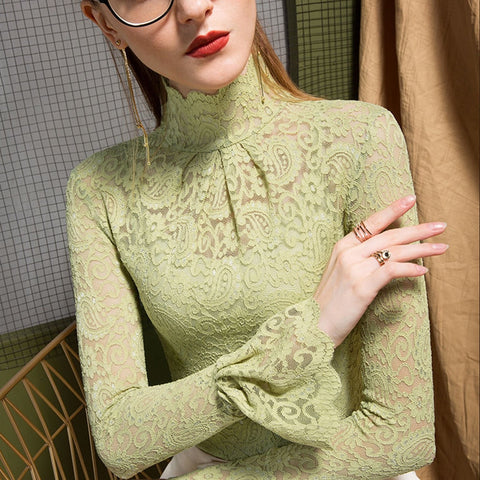 Lace Turtleneck Bell Sleeve Blouse