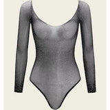 Rhinestones Fishnet Long Sleeves Bodysuit